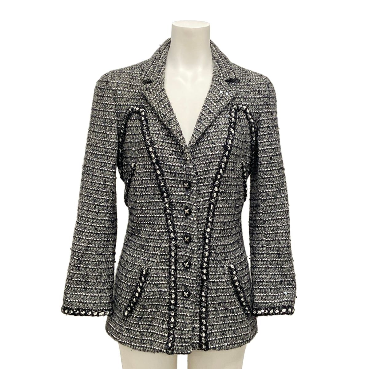 CHANEL(シャネル) ジャケット サイズ34 S レディース - P29313 グレー×黒×白 長袖/ツイード/スパンコール/ラインストーン/秋/冬 ウール