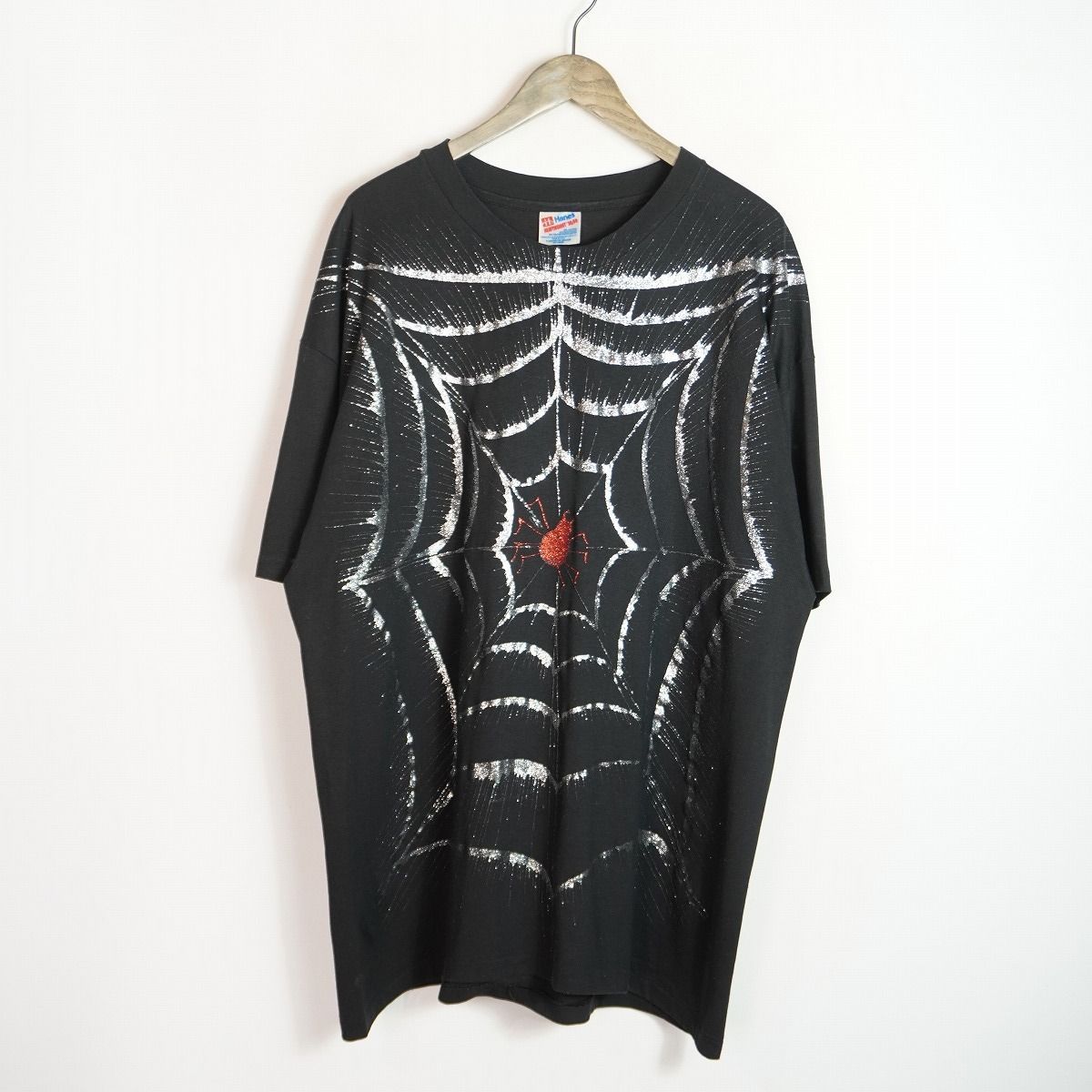 希少 90S Hanes ヘインズ Made in USA 半袖 スパイダー ウェブ ラメ プリント Tシャツ カットソー シングルステッチ ビンテージ XXL 3684Q♪