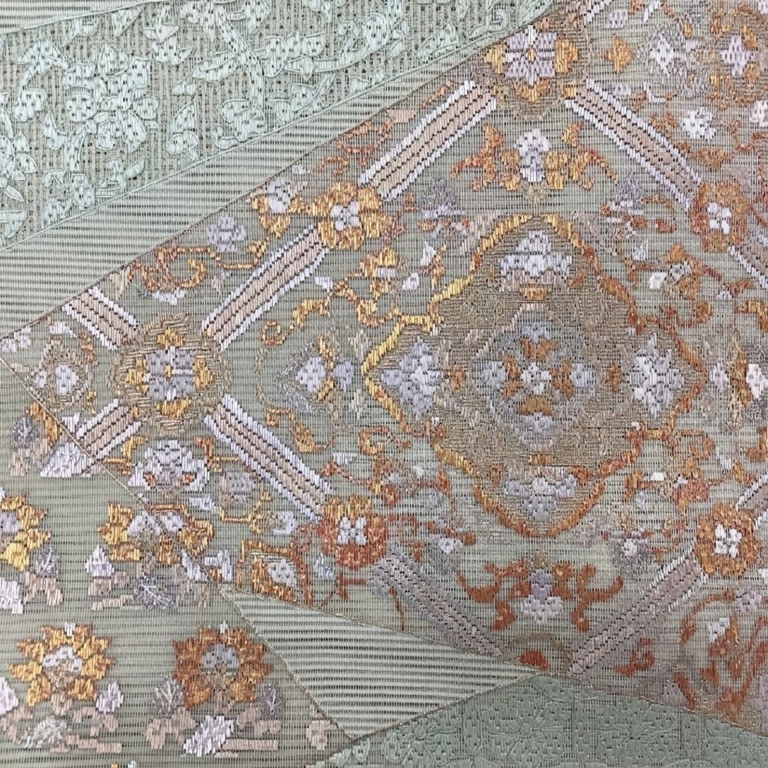 夏物 袋帯 スワトウ 刺繍 汕頭 絽 絽綴れ ポイント柄 長さ442cm 夏帯