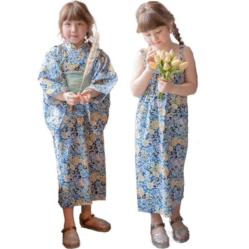 [キャサリンコテージ]キッズ 女の子 ワンピースにもなる浴衣 2WAYセパレート浴衣セット WB007 XS（90-100cm） 花柄ネイビー[NVY3] TAK