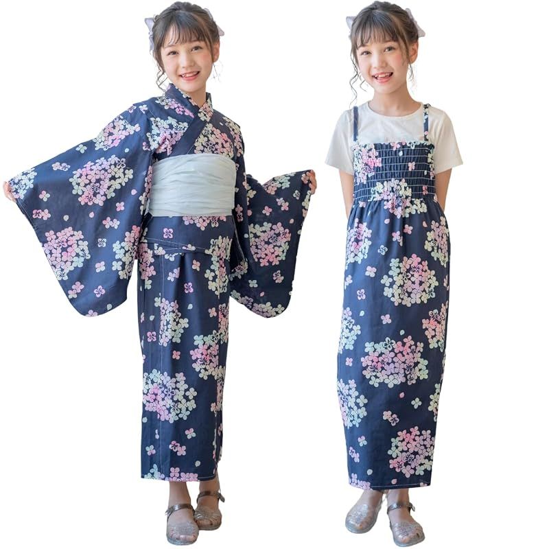 [キャサリンコテージ]キッズ 女の子 ワンピースにもなる浴衣 2WAYセパレート浴衣セット WB007 L（150-160cm） グラデーション紫陽花[19] TAK
