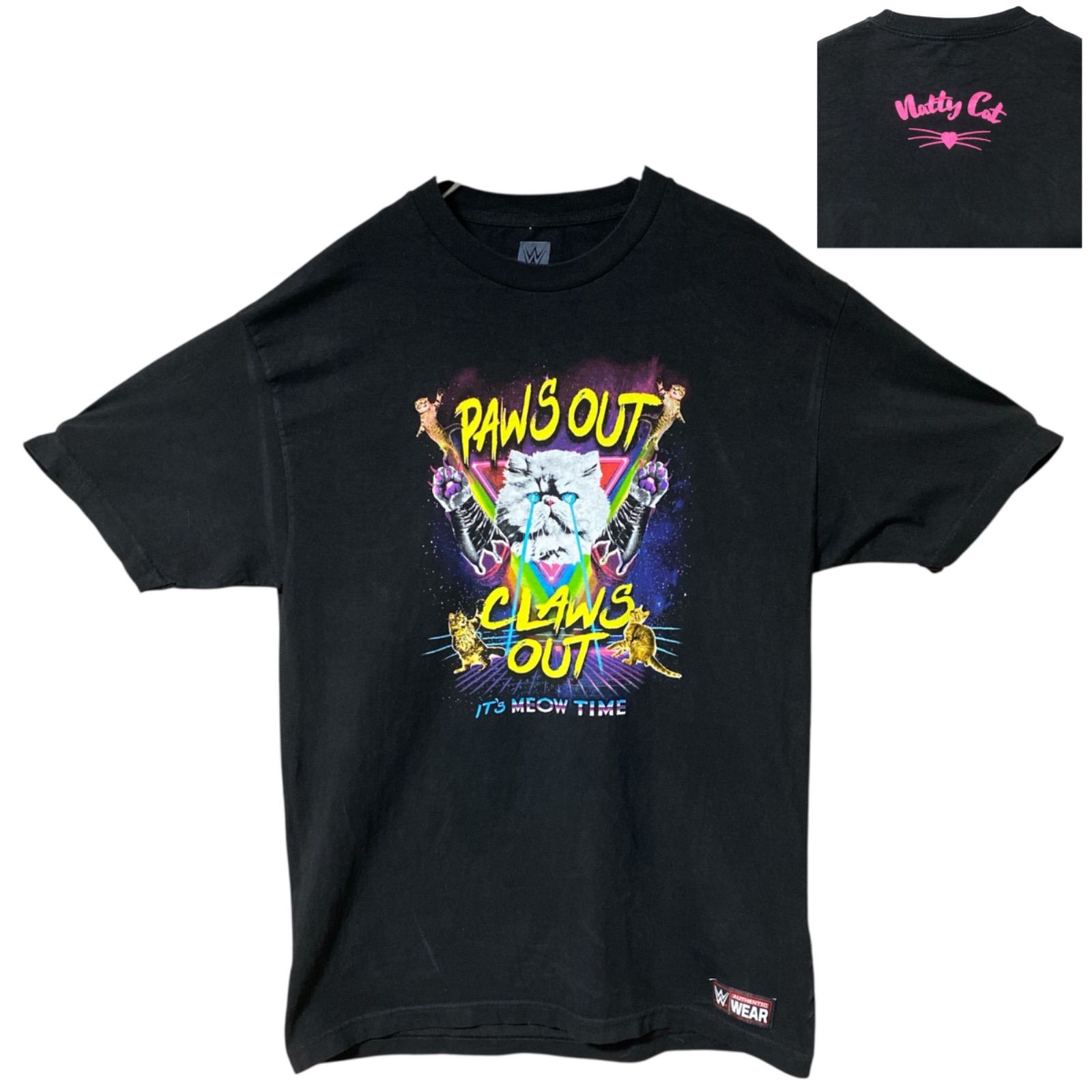 CHM WWE Authentic Natty Cat PAWS OUT CLAWS OUT Tシャツ 猫 プリント ブラック メンズ レディース ユニセックス 古着