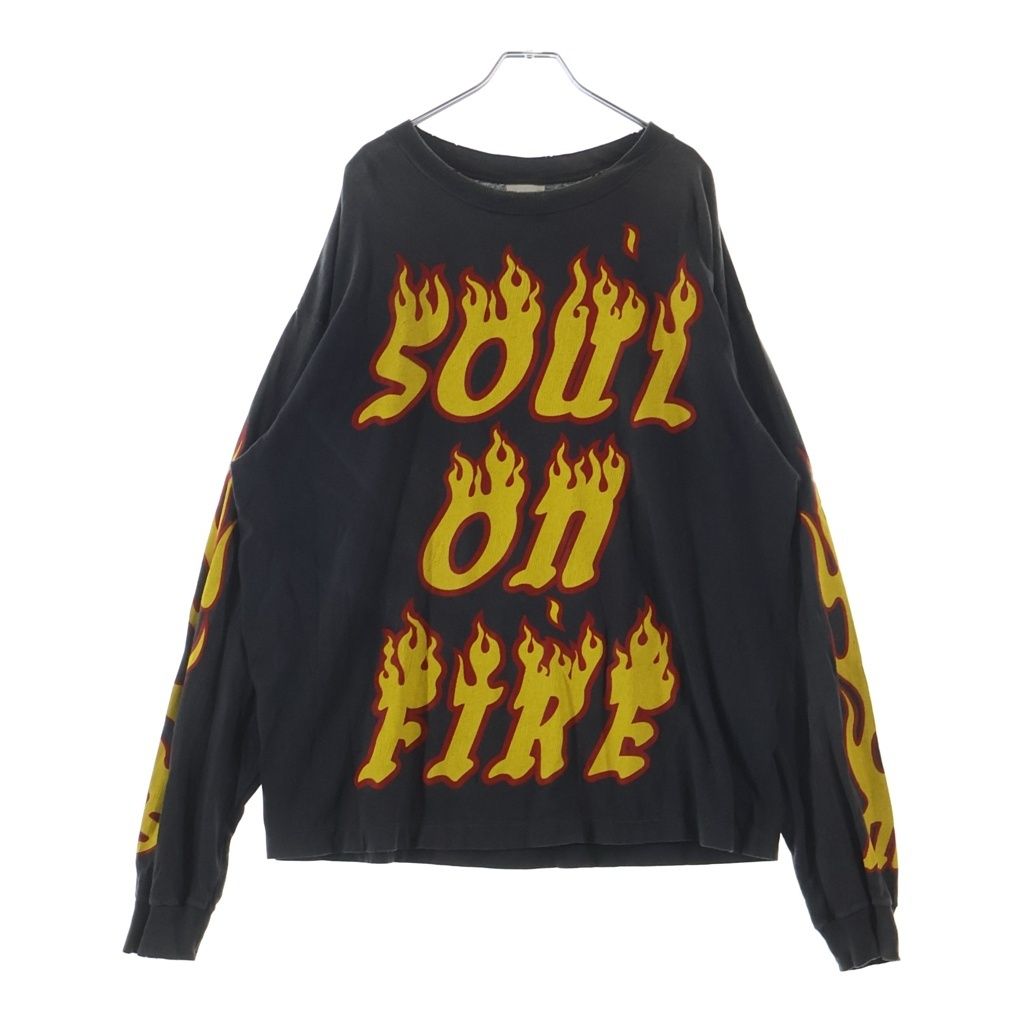 SAINT MICHAEL (セントマイケル) 24AW LS TEE / SOUL ON FIRE ヴィンテージ加工 両面プリントTシャツ 長袖クルーネックカットソー ブラック SM-YS1-0000-012