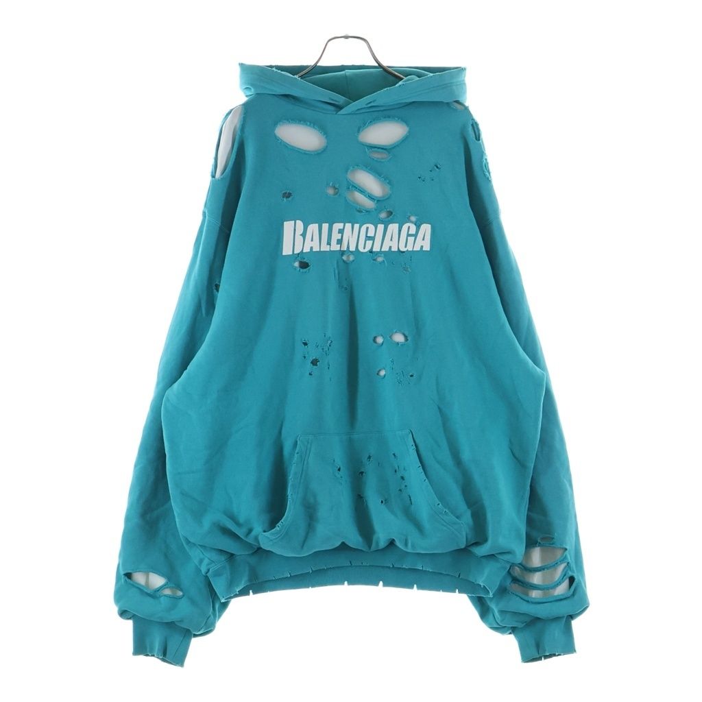 BALENCIAGA (バレンシアガ) 21SS Caps Destroyed Hoodie デストロイ加工 フロントロゴ プルオーバースウェットパーカー フーディ ブルー 659403 TKVB6