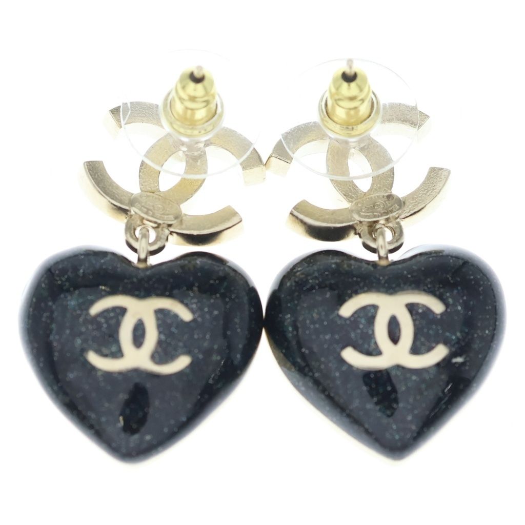 CHANEL (シャネル) C23P ココマーク ハート ラインストーン ピアス ゴールド金具 ブラック/ゴールド