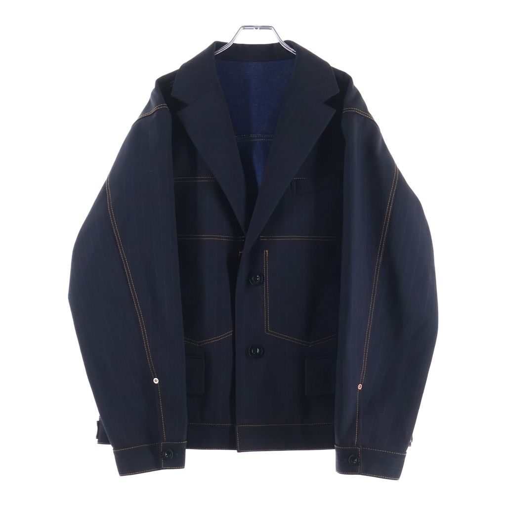 Sacai (サカイ) 24SS CHALK STRIPE BONDING JACKET 裏地デニム切り替え ステッチデザイン ボンディング テーラードジャケット ブラック 24-03346M