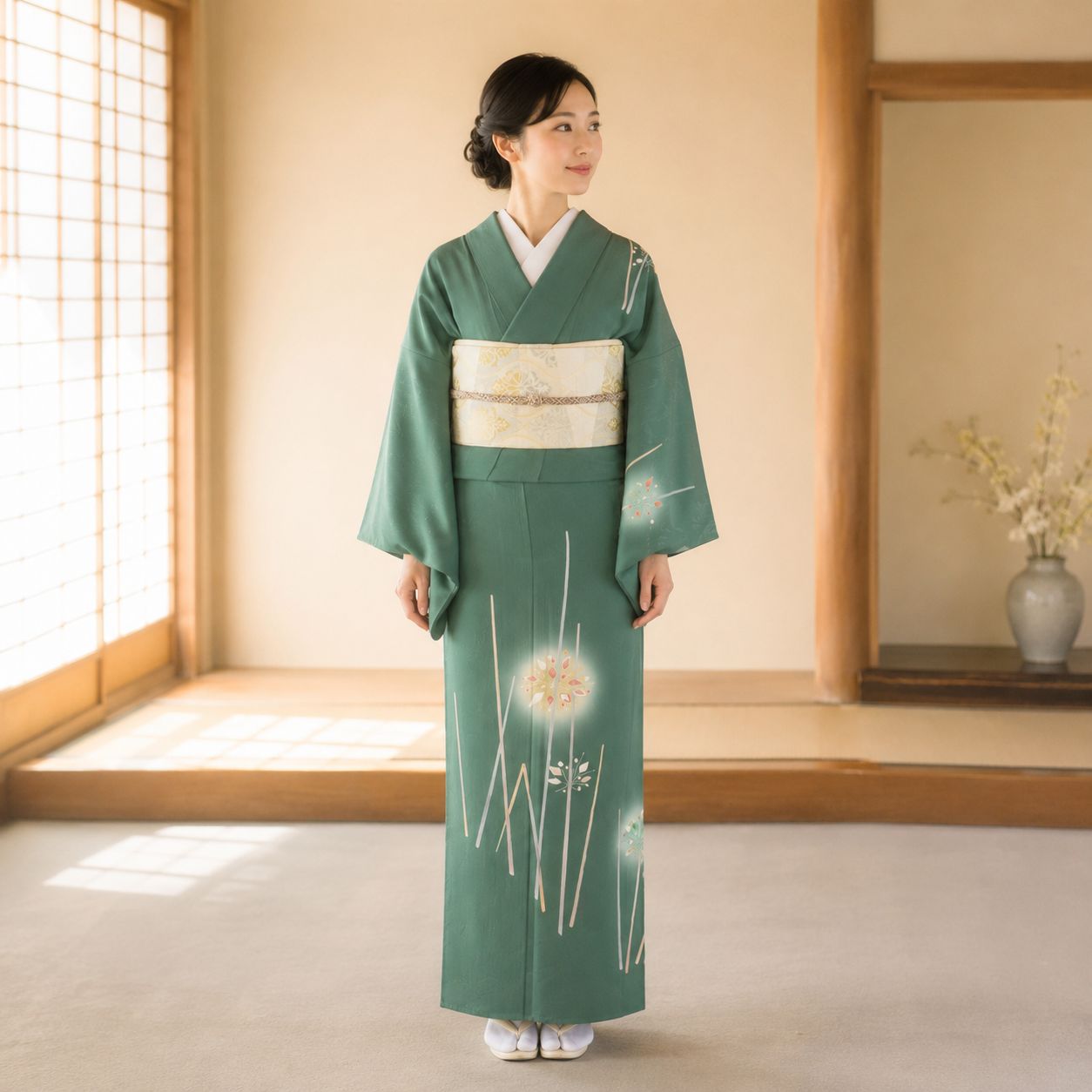 夏着物 付下げ『縦駒絽』涼やか花草模様 グリーン緑 正絹着物 R8S0510