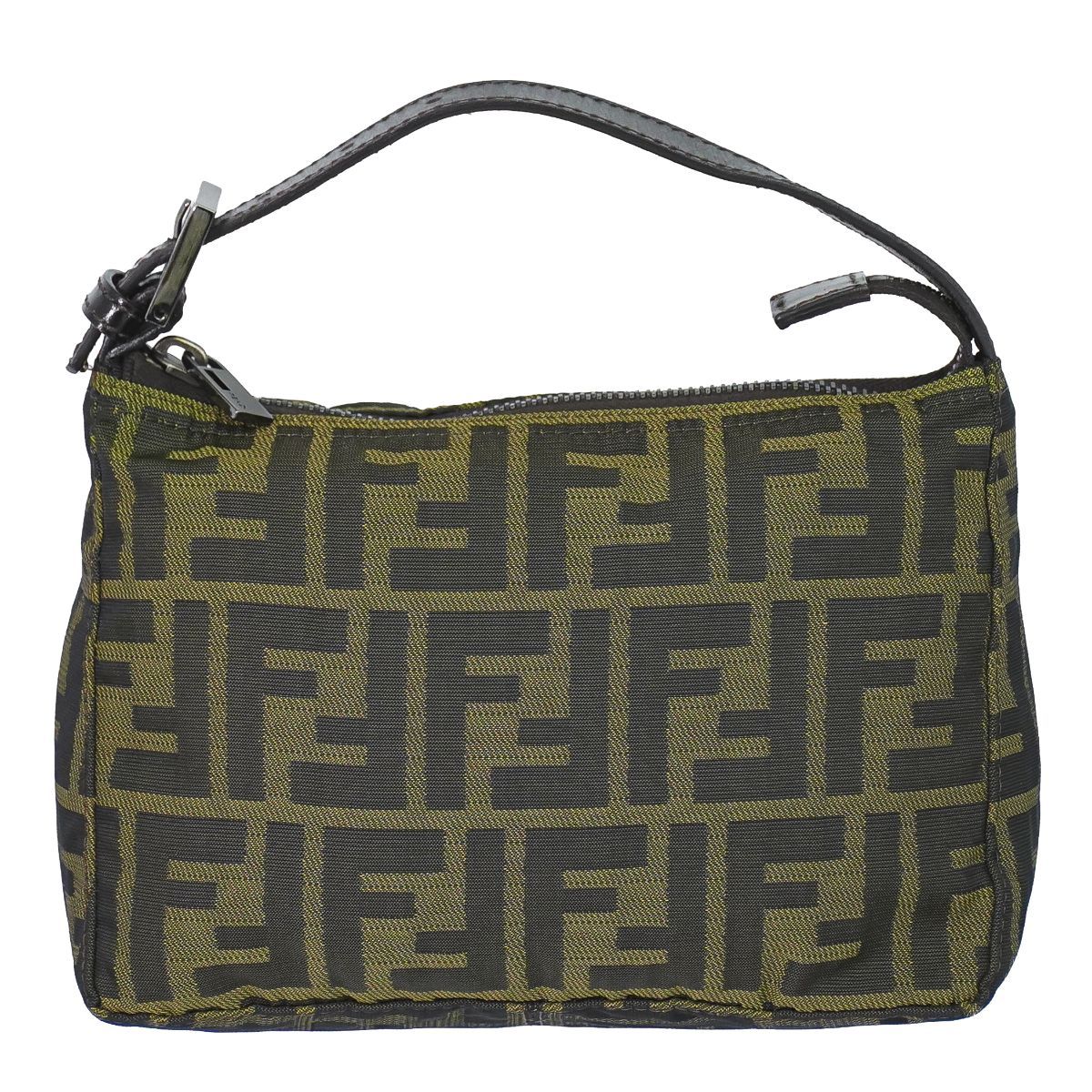 本物 フェンディ FENDI ズッカ ハンドバッグ ポーチ キャンバス カーキ 8N0001 Zucca バッグ 中古・
