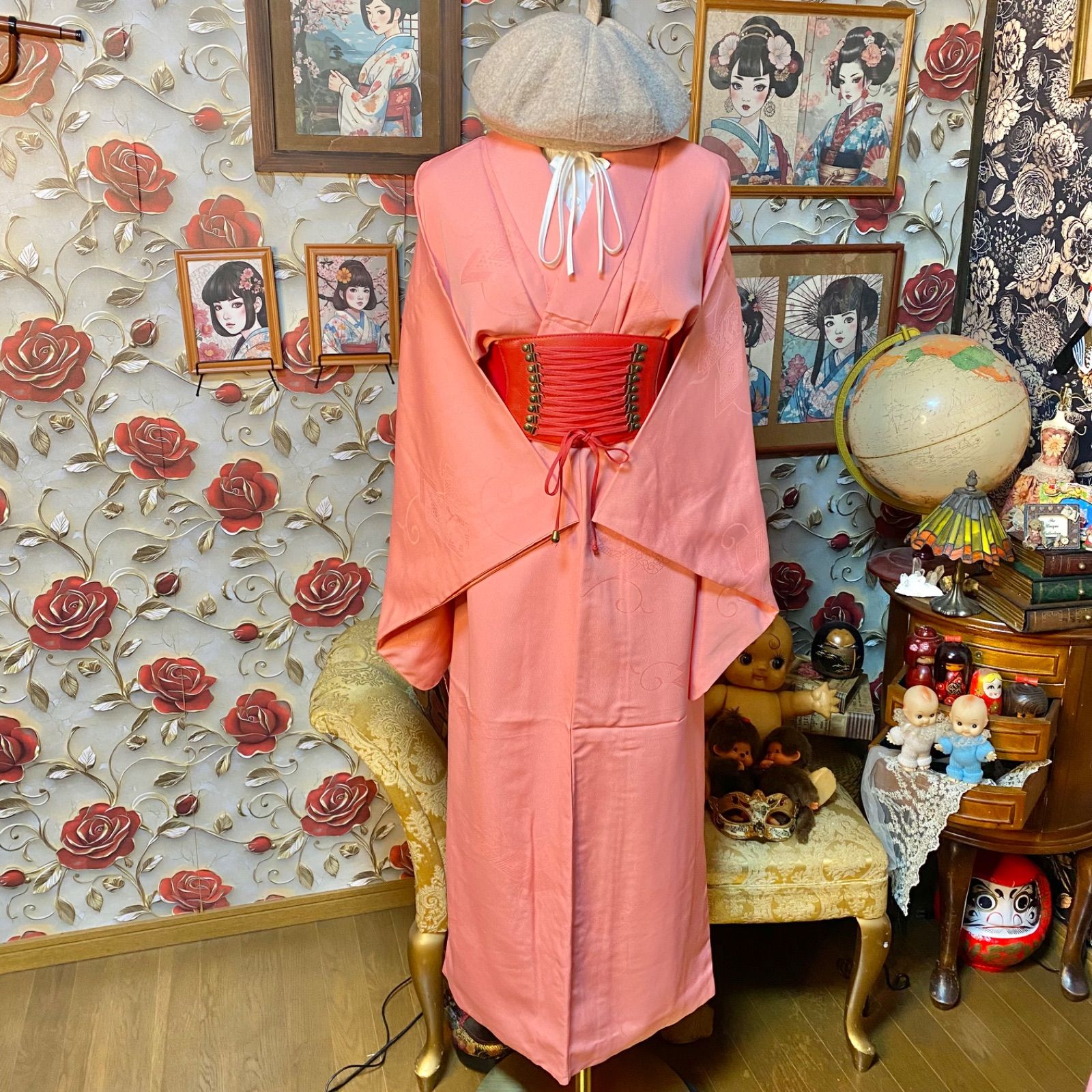着物リメイクロングワンピース【1点もの】とても良い生地です　専用になりました 色無地着物リメイク ロング ワンピース ドレス 和洋折衷 洗える 化繊