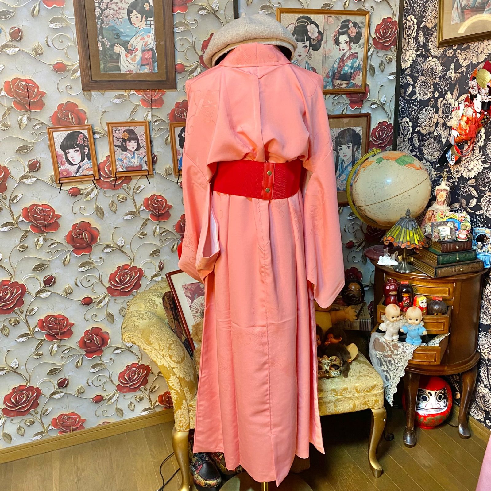 色無地着物リメイク ロング ワンピース ドレス 和洋折衷 洗える 化繊