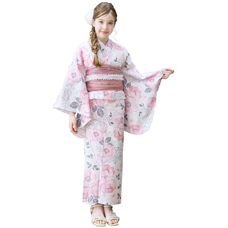 [アリサナ] 浴衣 こども 女の子 子供 (浴衣+腰紐+帯の4点セット) バラホワイト 140cm