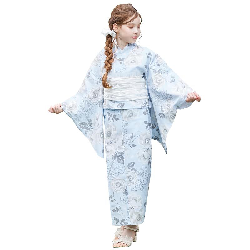 [アリサナ] 浴衣 こども 女の子 子供 (浴衣+腰紐+帯の4点セット) バラブルー 140cm