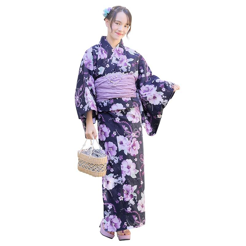 [アリサナ] 浴衣 こども 女の子 子供 (浴衣+腰紐+帯の4点セット) 水彩ツバキネイビー 160cm