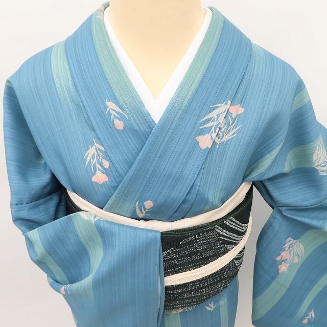 洗える夏着物　花模様　縦縞　ポリエステル 百華 Y5282◇美品 洗える夏着物 夏単衣 誂えポリエステル 縦縞×桔梗