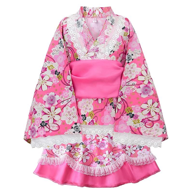[ReliBeauty] 浴衣ドレス 子供 女の子 セパレート ラメ入り レース付き フリル 綿100％ 花火大会 夏祭り おしゃれ 可愛い 兵児帯 セット 花柄 ピンク 100