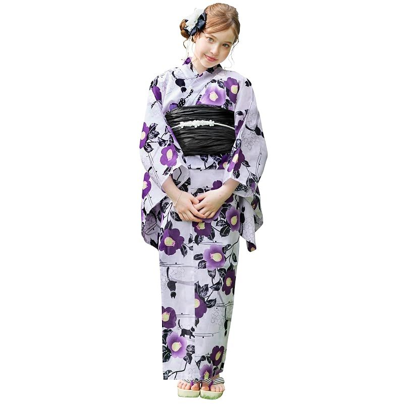[アリサナ] 浴衣 こども 女の子 子供 (浴衣+腰紐+帯の4点セット) ツバキ猫ラベンダー 160cm 9,951円