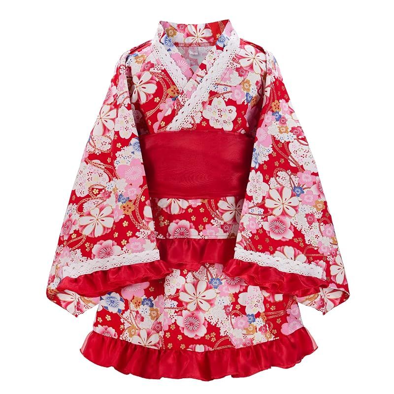[ReliBeauty] 浴衣ドレス 子供 女の子 セパレート ラメ入り レース付き フリル 綿100％ 花火大会 夏祭り おしゃれ 可愛い 兵児帯 セット 花柄 赤 130