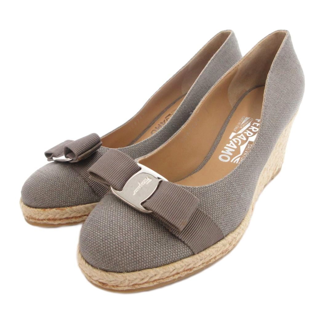 サルヴァトーレフェラガモ Salvatore Ferragamo パンプス ウェッジソール エスパドリーユ ヴァラリボン 8 グレー /FF ■GY53