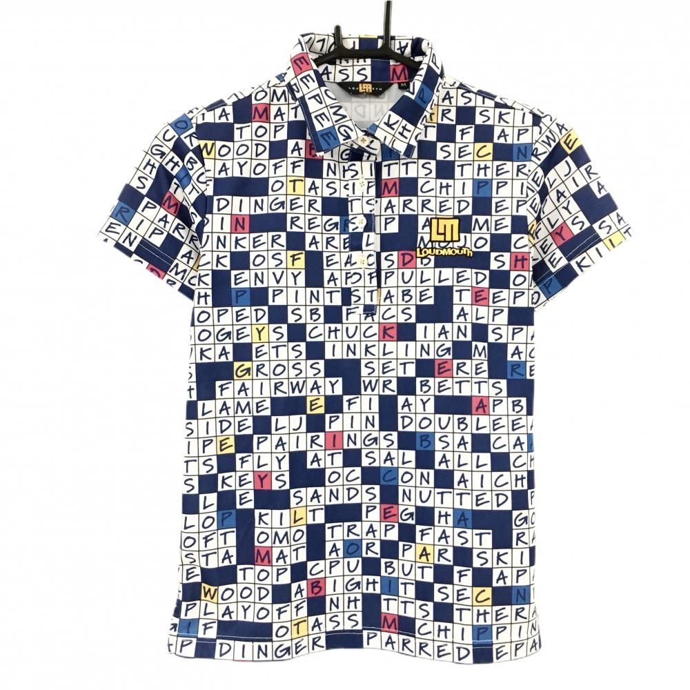 美品】ラウドマウス 半袖ポロシャツ 白×ネイビー ゴルフワードパズル