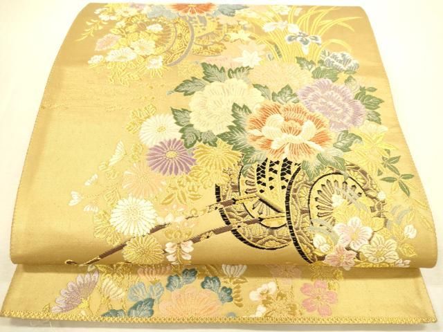 平和屋本店▼六通柄袋帯　唐織　花車都之詩　九百本金弐重織　正絹　逸品　DABI5056op