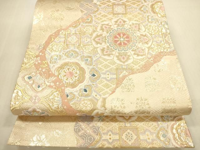 平和屋本店▼六通柄袋帯　唐織　道長正倉院花文　本金箔二重織　正絹　逸品　DABI5059op