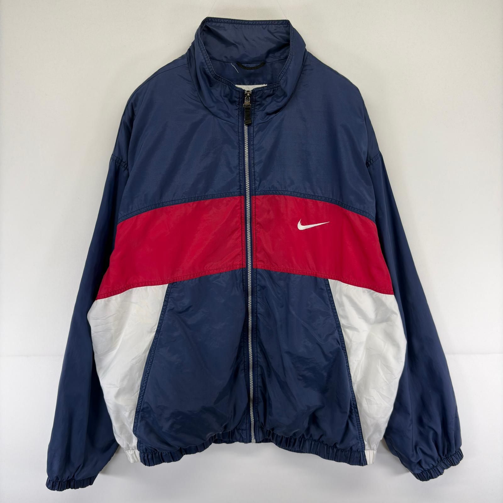 古着 90's/90年代 ナイキ NIKE ジャケット ロゴ 大きいサイズ 刺繍 ナイロン フルジップ スウッシュ 2XL ネイビー系 メンズ