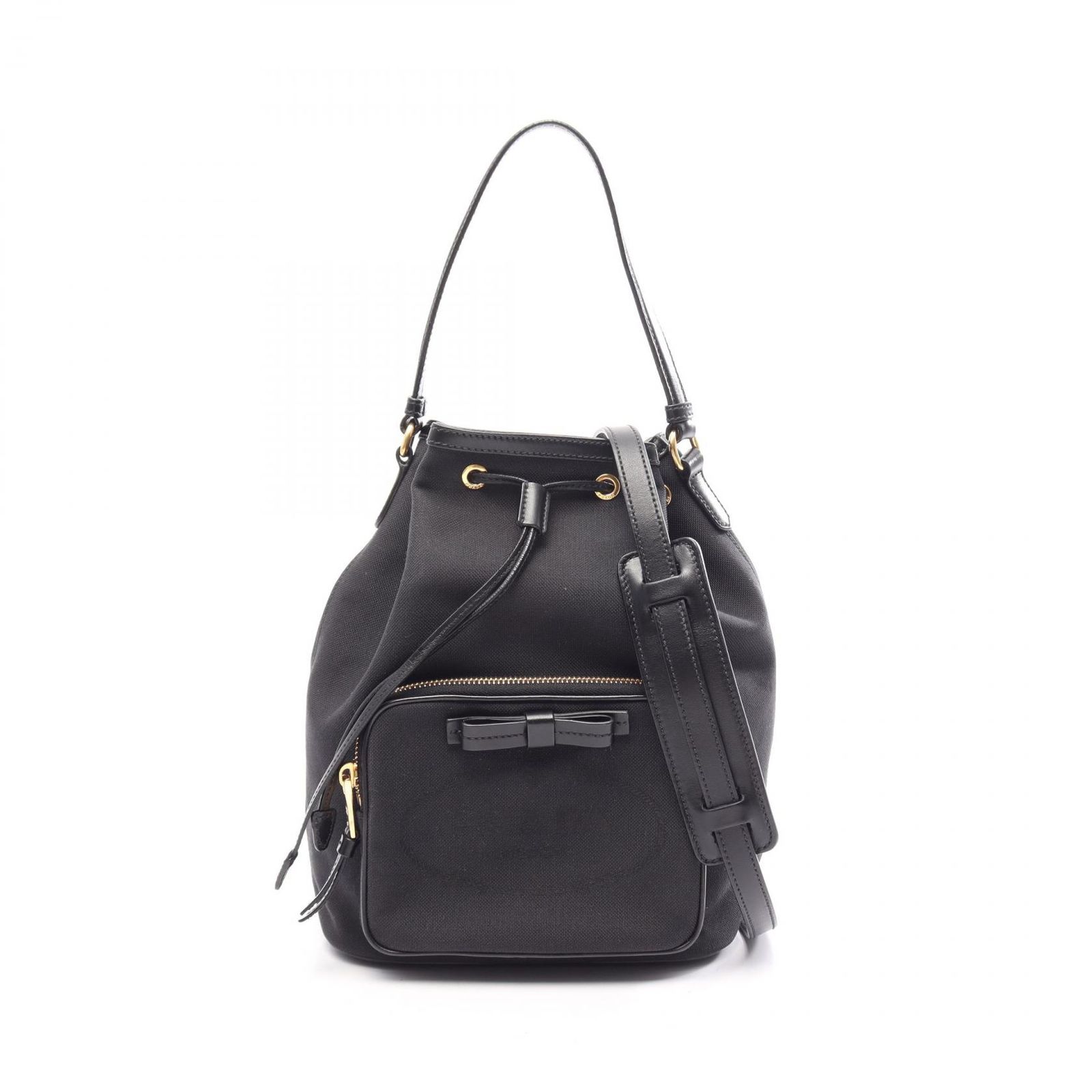 プラダ PRADA ハンドバッグ LOGO JACQUARD ロゴジャガード 2WAY 1BH097 ブラック キャンバス レザー ロゴジャガード バケットバッグ レディース Used A