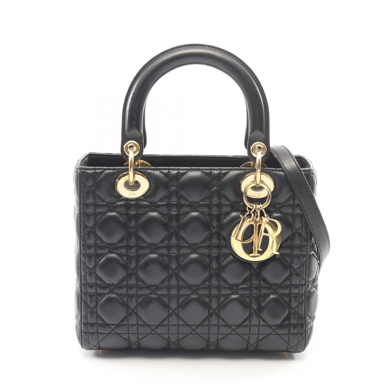 ディオール Dior ハンドバッグ LADY DIOR レディディオール カナージュ 2WAY ブラック レザー レディディオール 2wayトート ミディアム レディース Used B