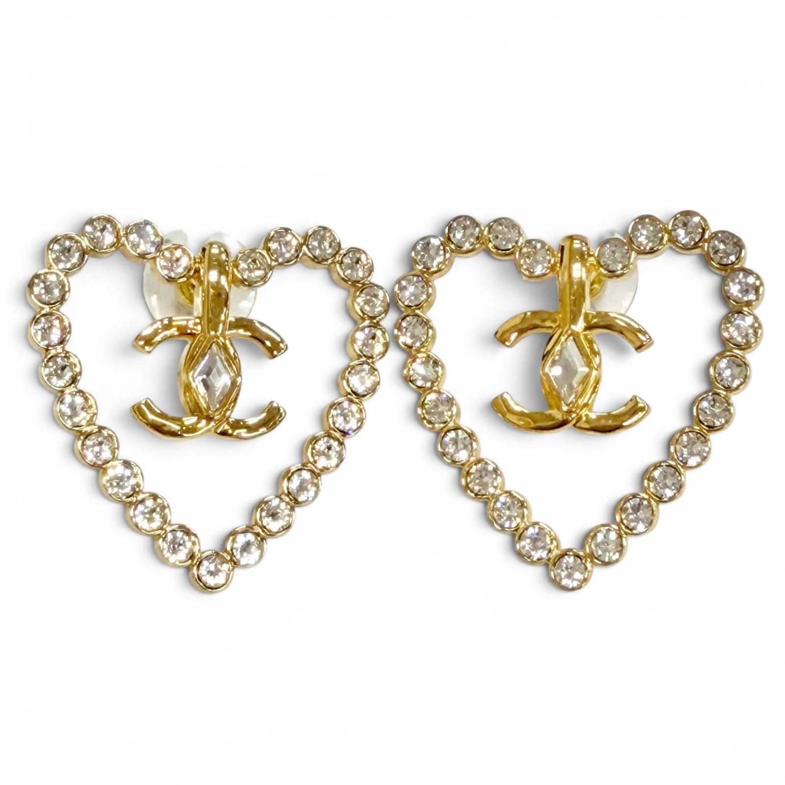 極美品△CHANEL シャネル L23C AB9926 ココマーク ハート クリスタル ラインストーン ピアス 両耳用 ゴールド イタリア製 箱 レディース