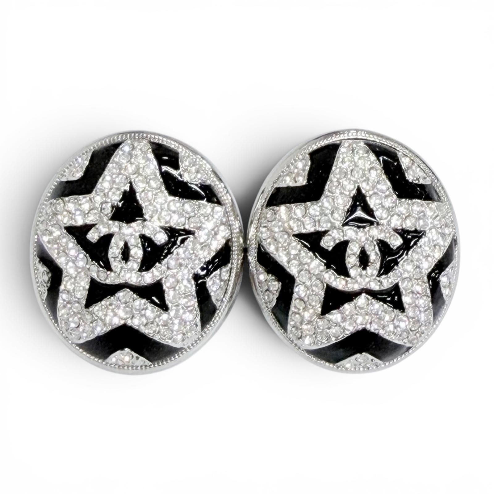 美品△CHANEL シャネル A23K ココマーク スター ラインストーン ピアス アクセサリー 両耳用 シルバー ブラック フランス製 箱付き