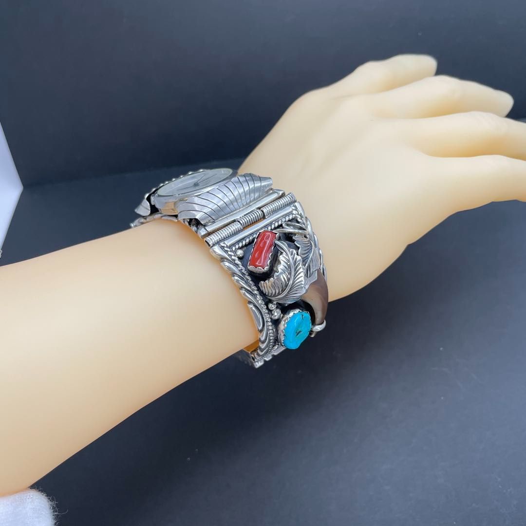 バングルウォッチ Fred Peters作 STERLING＆ターコイズ＆熊爪＆赤珊瑚
