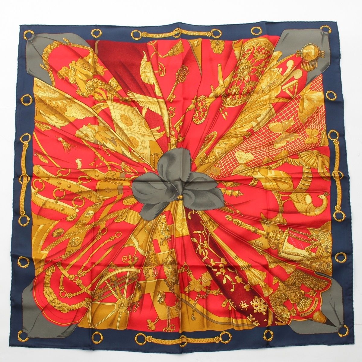 エルメス soleil de soie シルクの太陽 カレ90 シルク スカーフ レッド ネイビー【中古】