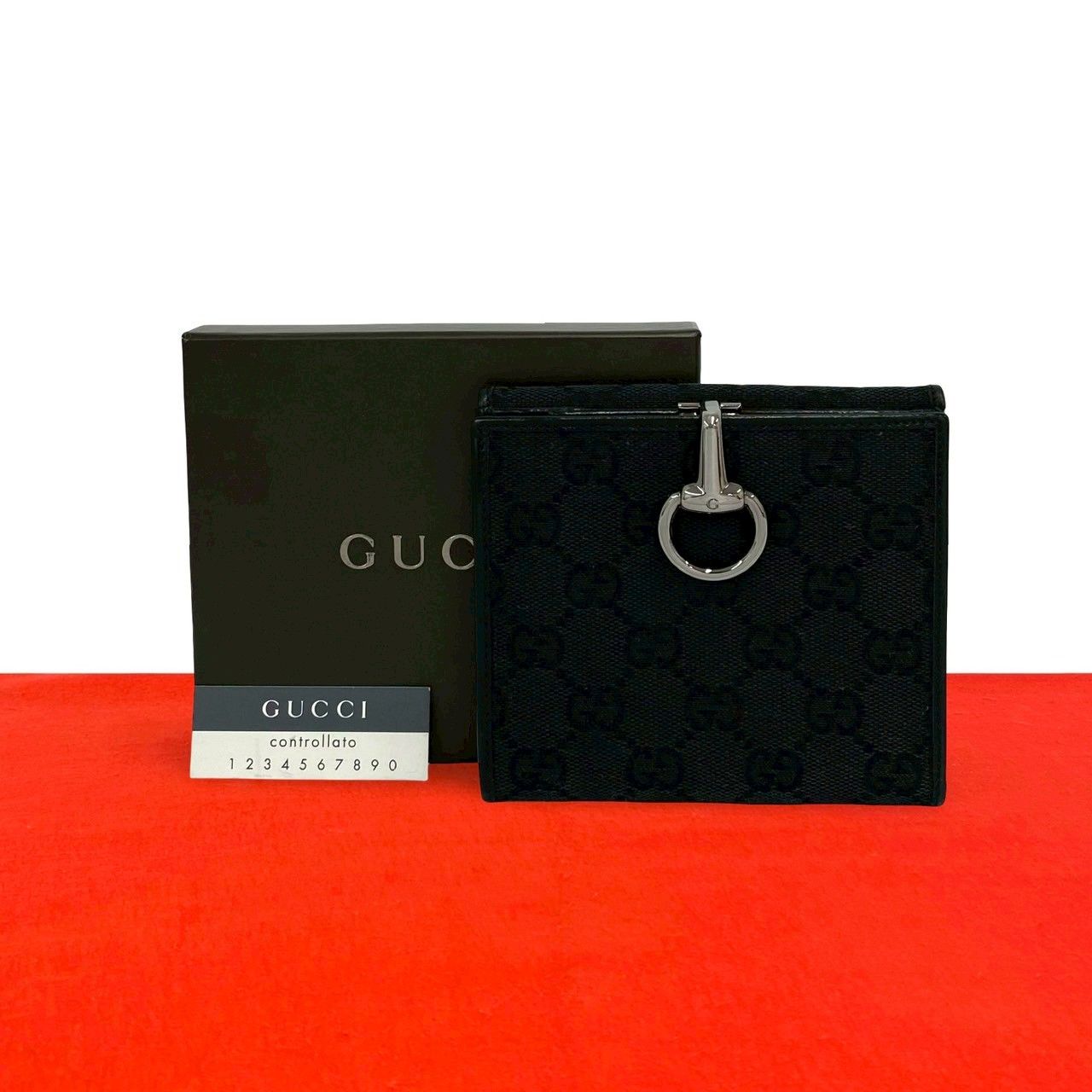 極 美品 箱付き GUCCI グッチ GG 柄 ロゴ金具 キャンバス レザー 本革