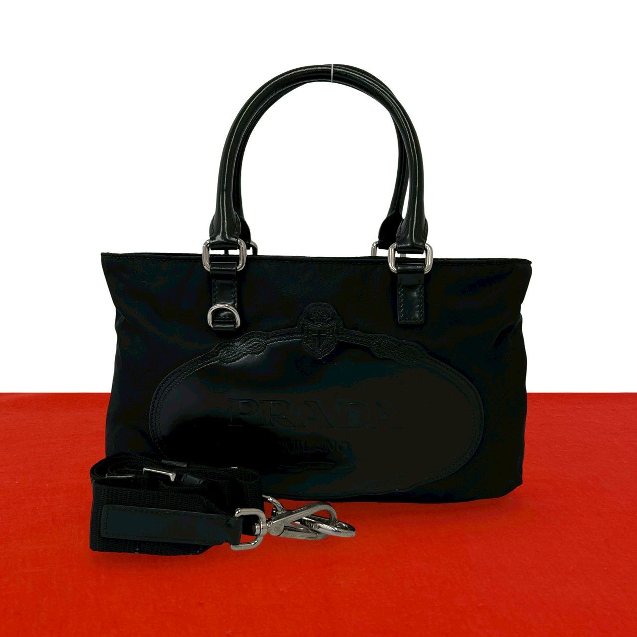 PRADA ノベルティ　ハンドバッグ 極 美品 PRADA プラダ ロゴ 刻印 ナイロン レザー 本革 2way