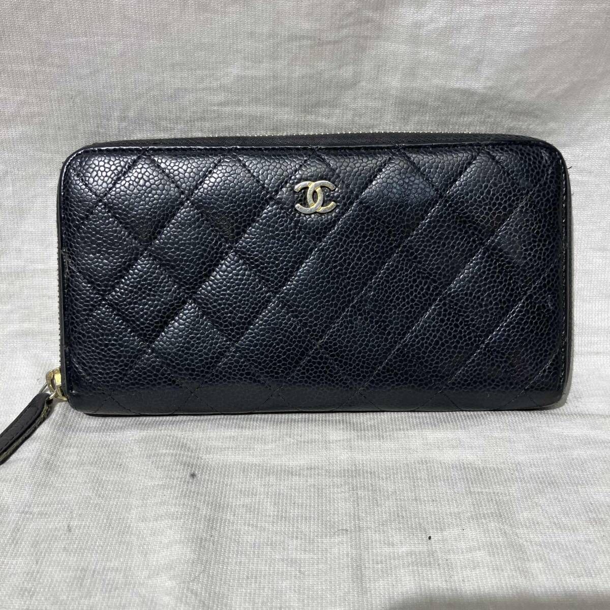 CHANEL キャビアスキン マトラッセ ラウンド ファスナー ファスナー破損有り