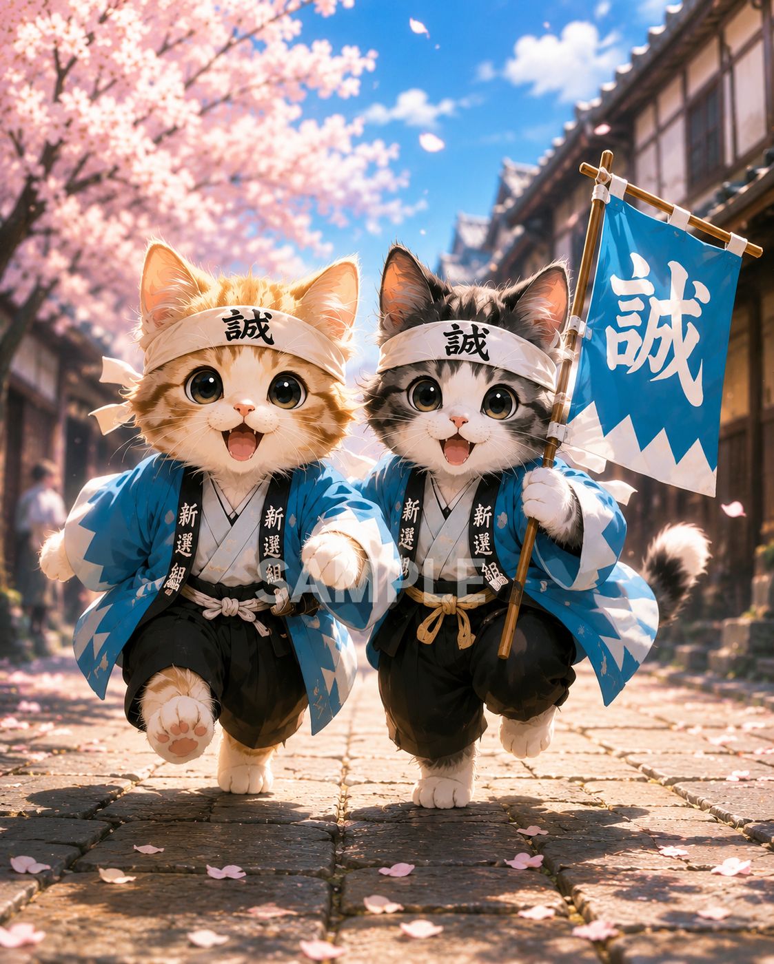 673 子猫 新選組 桜 和風アート 2Lサイズ インテリア ポスター 癒し 猫