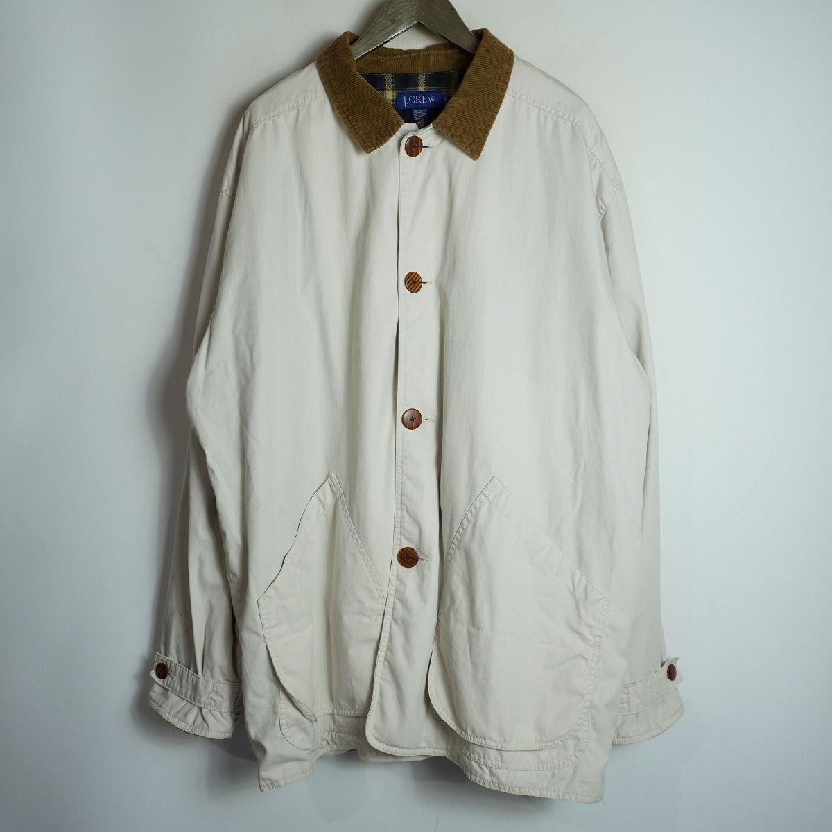 90S J.CREW ジェイクルー カバーオール ハンティング ジャケット 襟コーディロイ 裏地 チェック ビンテージ アイボリーサイズXLT 4484Q★4 7,700円