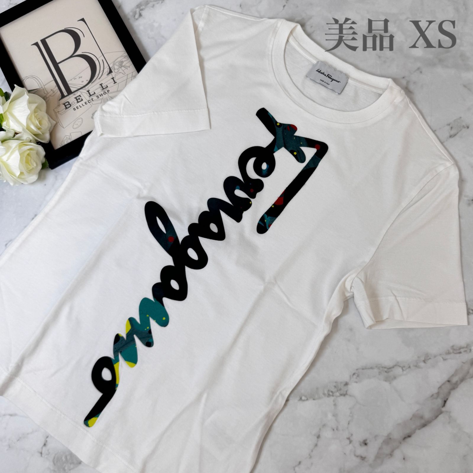 【 鑑定済み 】フェラガモ 《 ロゴ Ｔシャツ 》 XS ホワイト ブラック コットン 半袖