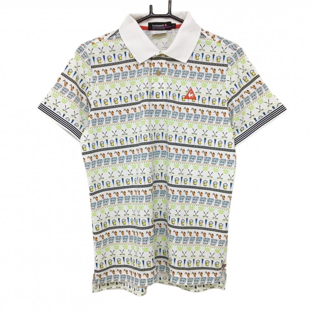 超美品】ルコックゴルフ 半袖ポロシャツ 白×マルチカラー 総柄 胸ロゴ