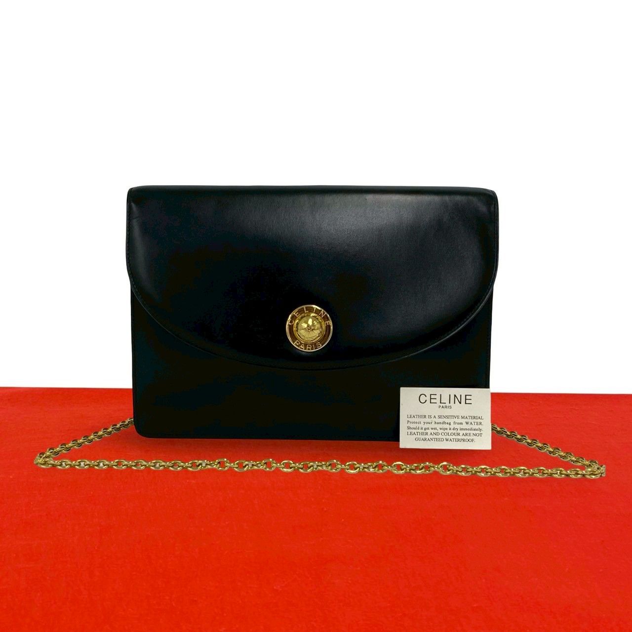極 美品 CELINE セリーヌ ヴィンテージ ロゴ スターボール 金具 カーフ レザー 本革 チェーン ショルダーバッグ ポシェット ブラック 58399