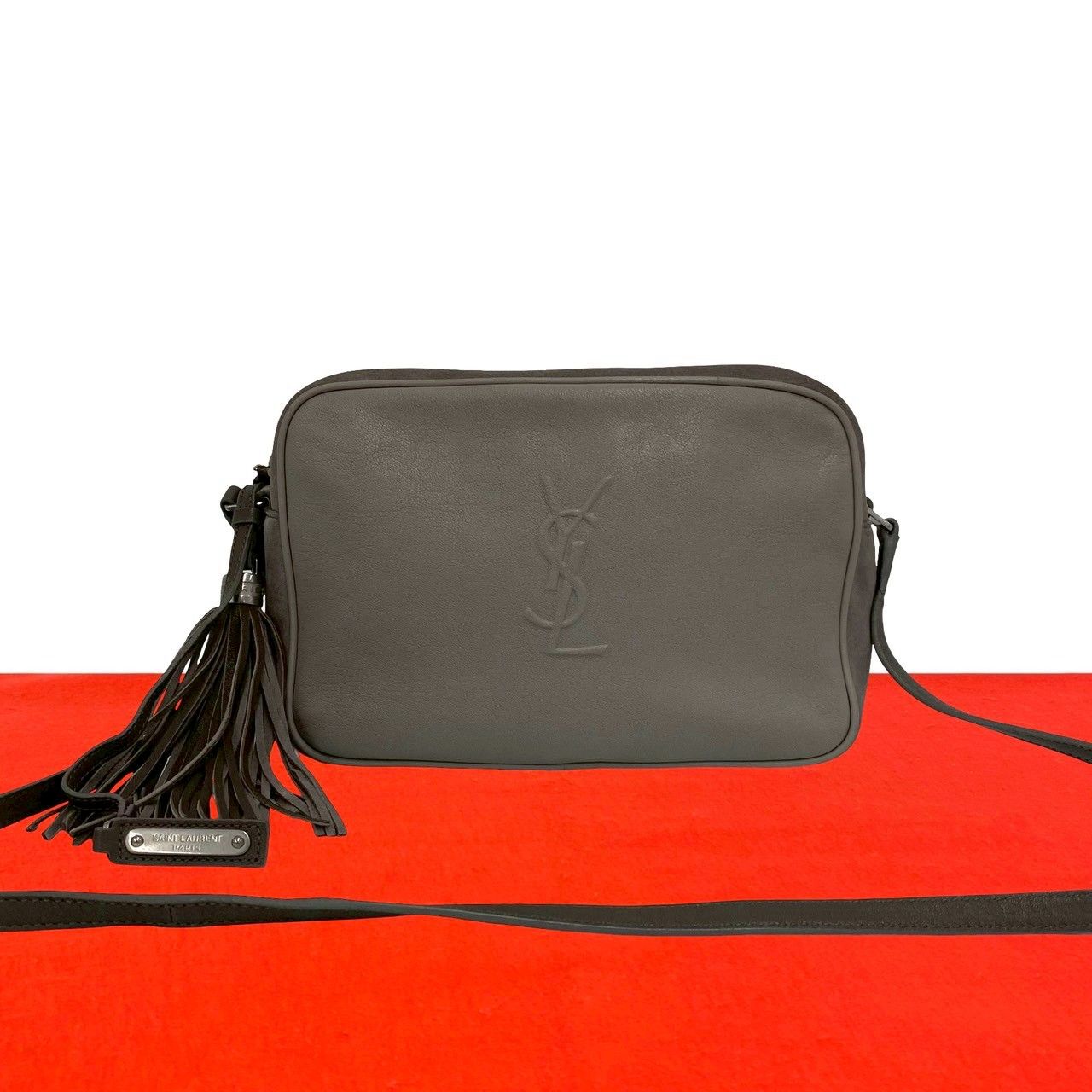 極 美品 SAINT LAURENT PARIS サンローランパリ YSL ロゴ スウェード レザー 本革 タッセル ショルダーバッグ ポシェット グレー 54786