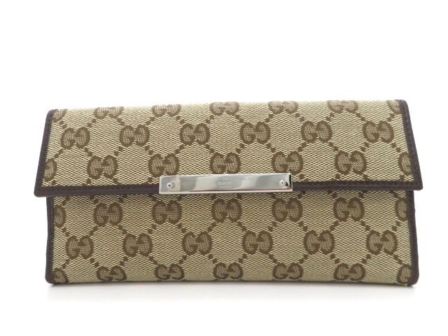 GUCCI グッチ サイフ メタルバー GG Wホック 長財布 112715 GGキャンバス レザー ベージュ ダークブラウン【中古】【473】