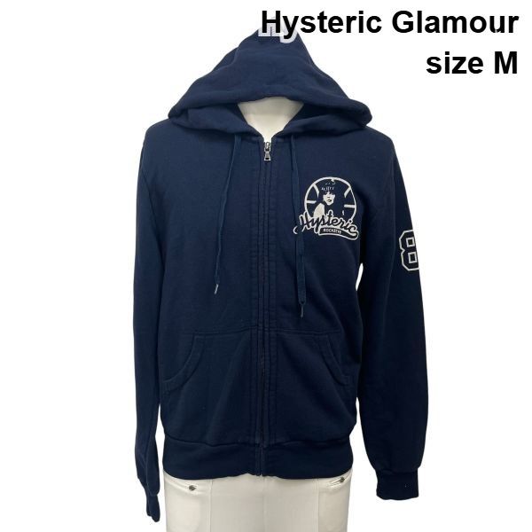◆ ヒステリックグラマー Hysteric Glamour パーカー 長袖 ブランドロゴ スリーブプリント フルジップ ネイビー 綿 M レディース A6H648
