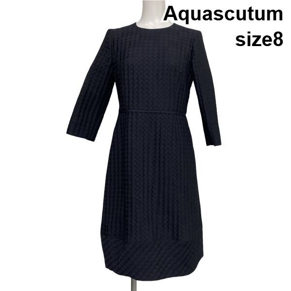 ◆ アクアスキュータム Aquascutum 七分袖ワンピース ミモレ丈 Aライン ドット柄 クルーネック ネイビー 8 M 9号 レディース S6H678