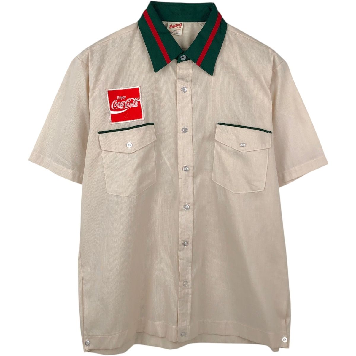 古着 70~80年代 Unitog COCA-COLA コカコーラ ストライプ柄 半袖 ワークシャツ ボックスシャツ USA製 メンズL相当 ヴィンテージ/eaa655379