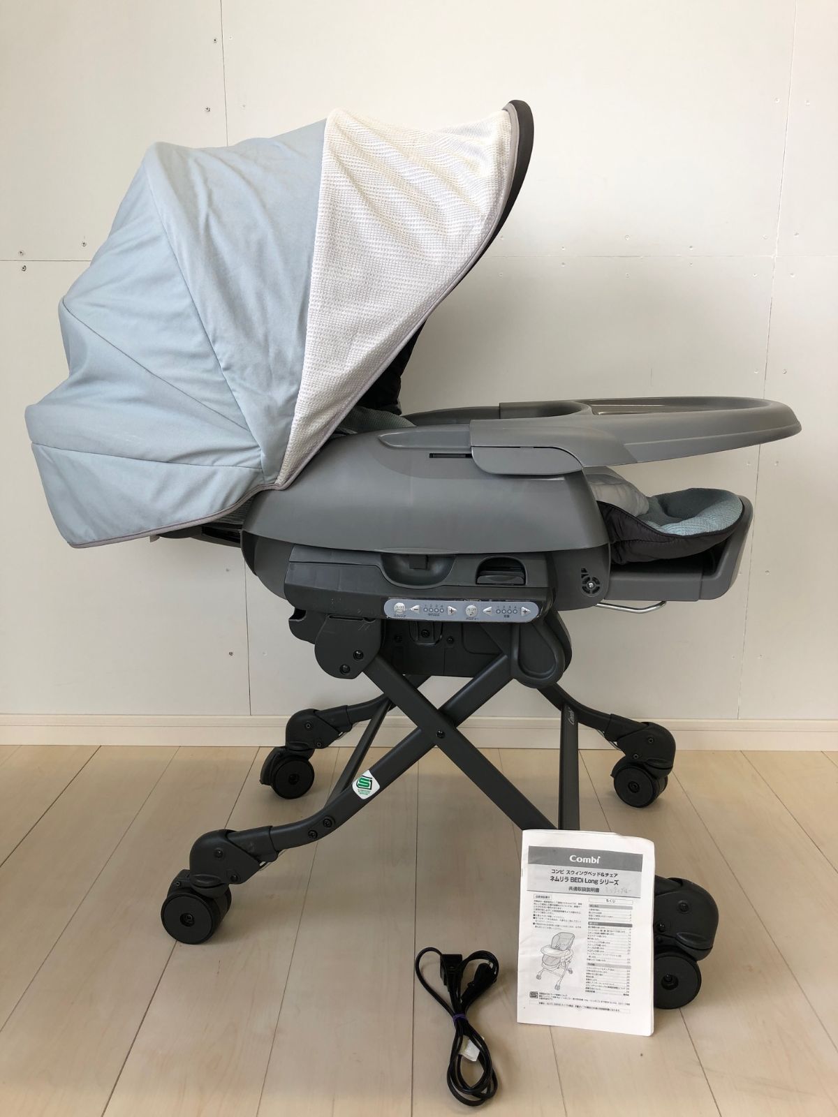 美品 クリーニング済み 説明書付 ホワイトレーベル ネムリラ AUTO SWING BEDi Long スリープシェル EG ミンティブルー コンビ(Combi) 電動 ハイローチェア・ベビーラック0711