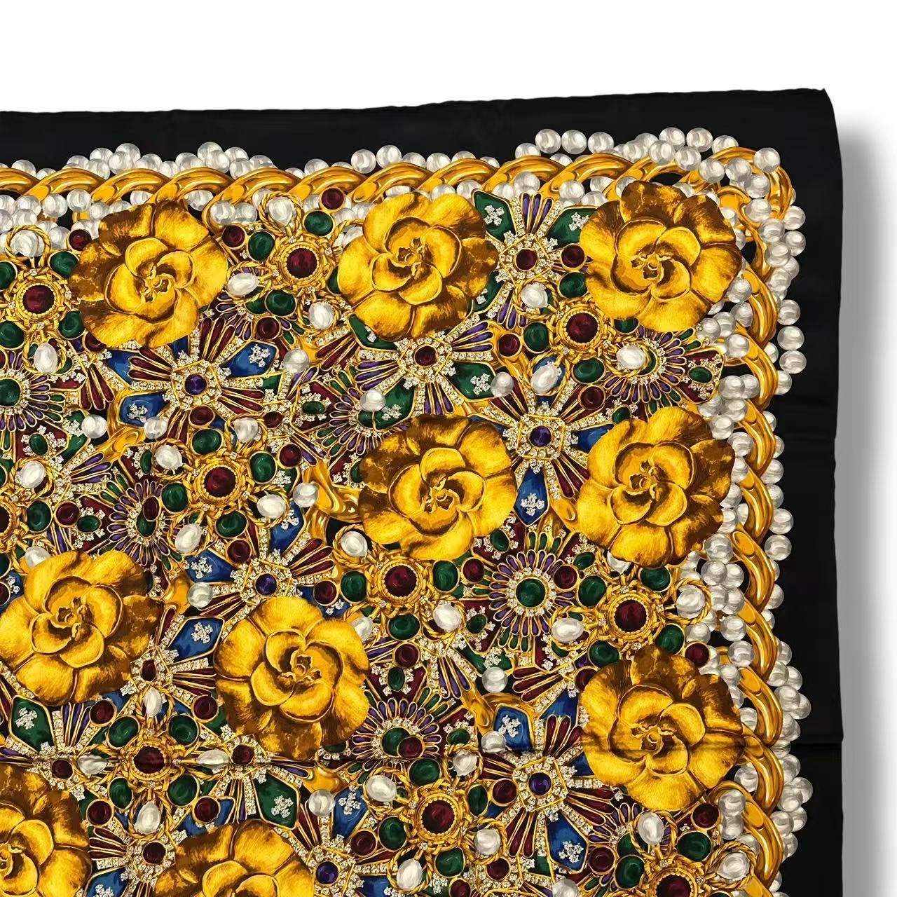 極美品 CHANEL シャネル スカーフ シルク 宝石 カメリア柄 ゴールド