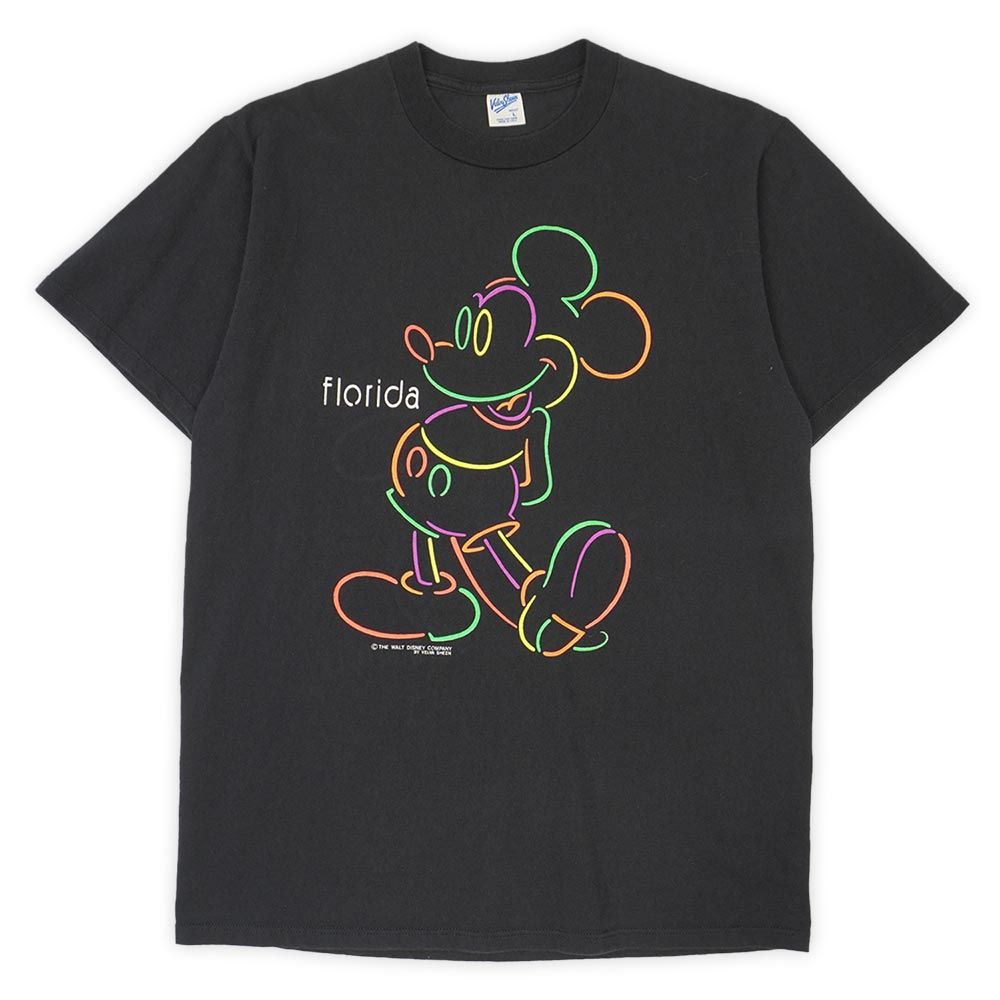 ディズニー Disney 90s 90年代 キャラクタープリントTシャツ Mickey Mouse ミッキーマウス MADE IN USA アメリカ製 ヴィンテージ 古着 ネオン ベルバシーン ブラック 黒 L【中古】