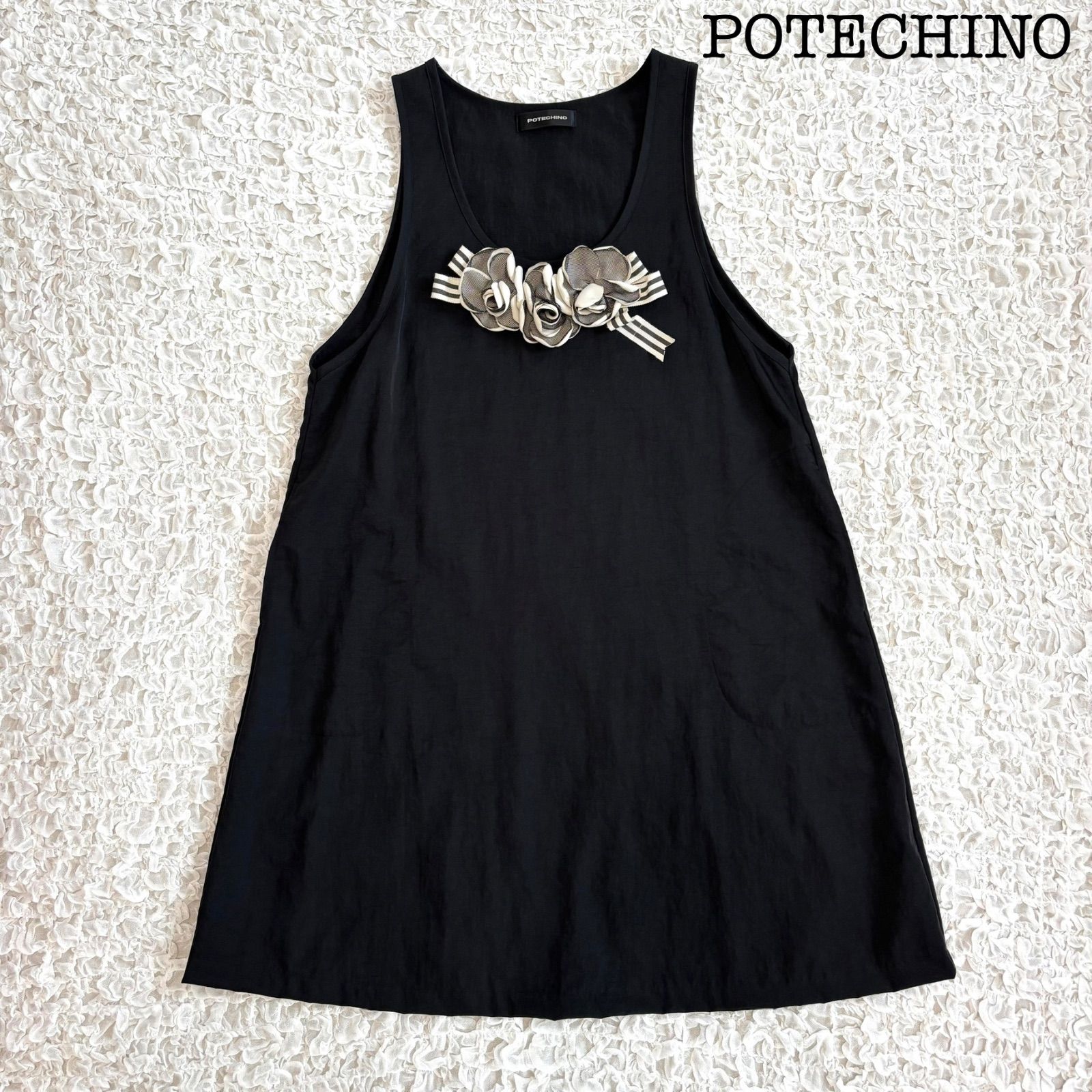 さえら POTECHINO ポテチーノ フラワーエプロン チュニックワンピース ジャンスカ ブラック