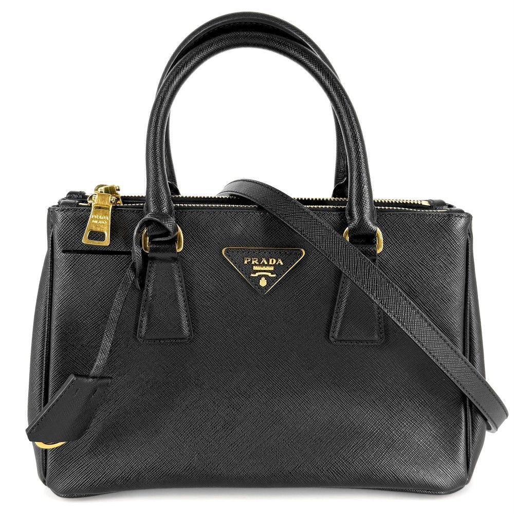 プラダ 2WAY レディース トライアングルロゴ ガレリア スモール ハンドバッグ ショルダーバッグ 肩掛け 斜め掛け PRADA 1BA896 レザー ブラック 黒 ゴールド金具【中古品】